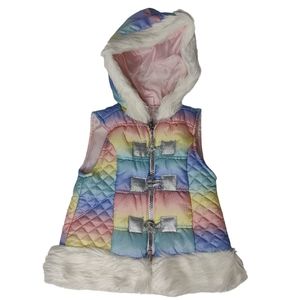 Little Lass Rainbow Puffer Vest 2T Hood Toggle Fur Quilted Girl Sparkle